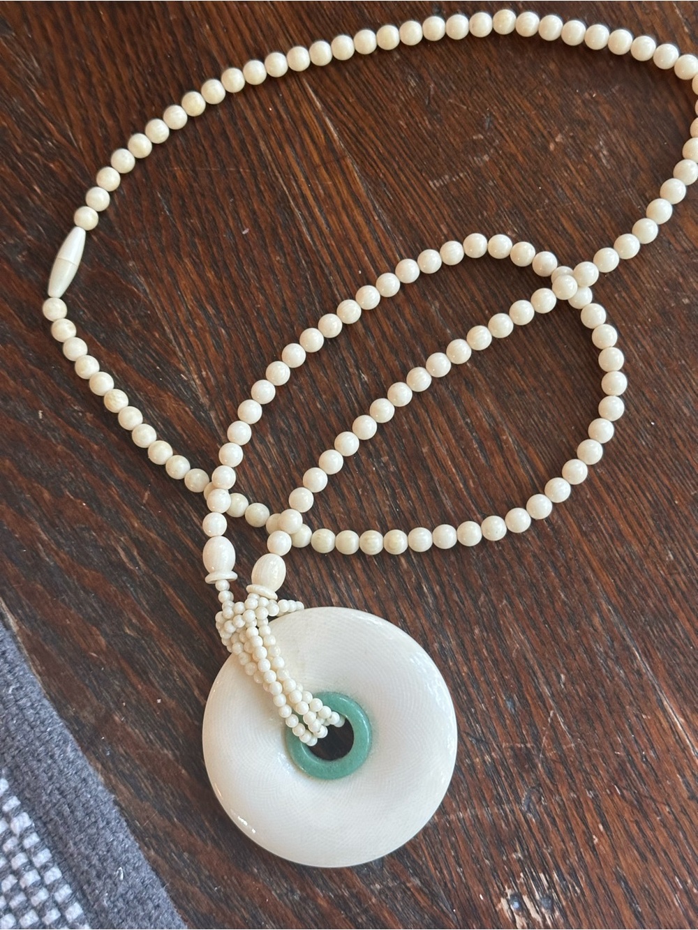 Ivory Beaded Necklace with jade Center Donut Pendant